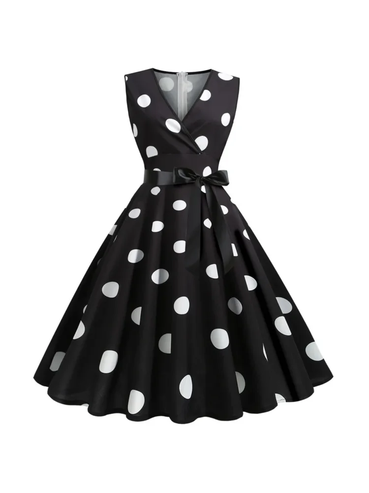 2024 Summer Dresses for Women Sleeveless Retro Hepburn 1950s 60s Rockabilly Polka Dot V-Neck Pinup Party Robe Swing Vestidos