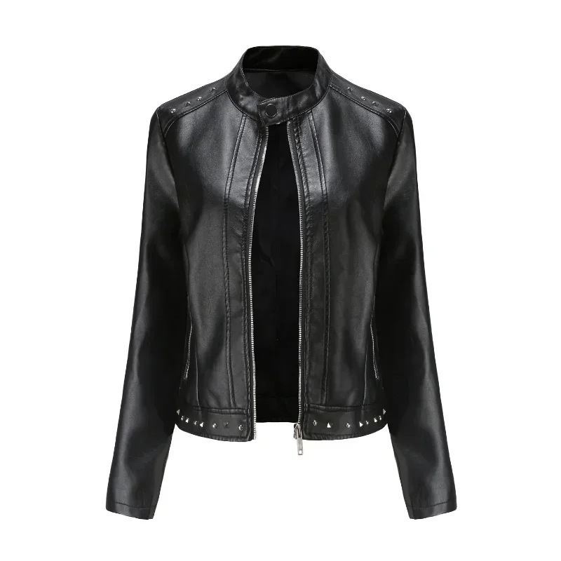 Jaquetas de mangas compridas casacos de inverno feminino rebite gola roupas femininas primavera outono couro do plutônio motor biker topos 2025 novo