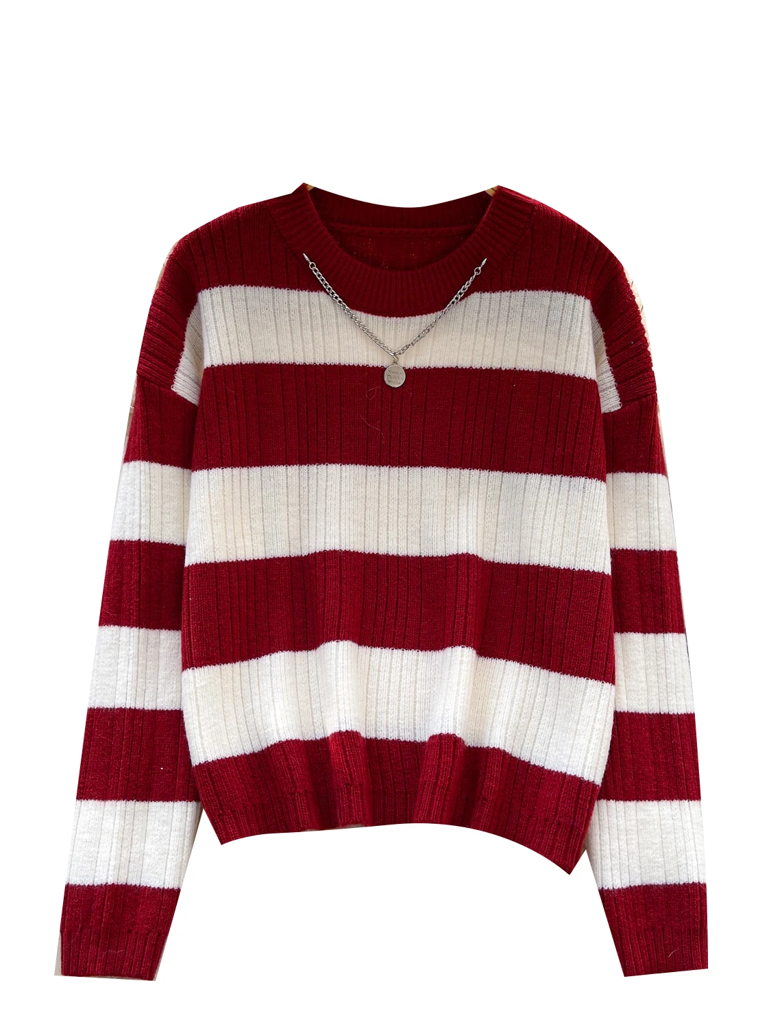 Dongda Gate سترة نسائية محبوكة فضفاضة بقصة ضيقة غير رسمية مستديرة Ne Long Sve مخططة تريكو الخريف والشتاء Faion