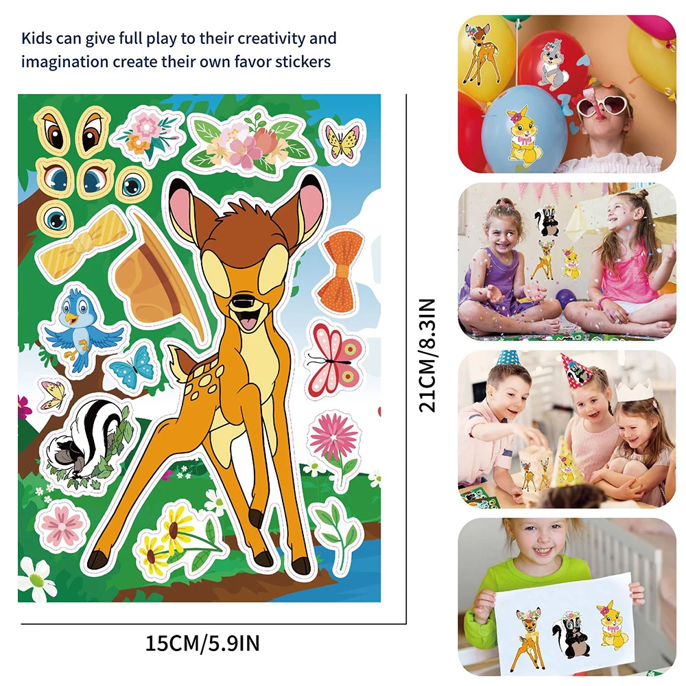 Autocollants de puzzle de dessin animé Disney Bambi pour enfants, faire un visage, assembler des décalcomanies de puzzle, drôle, fête d'anniversaire, jouet cadeau, 8 feuilles, 16 feuilles