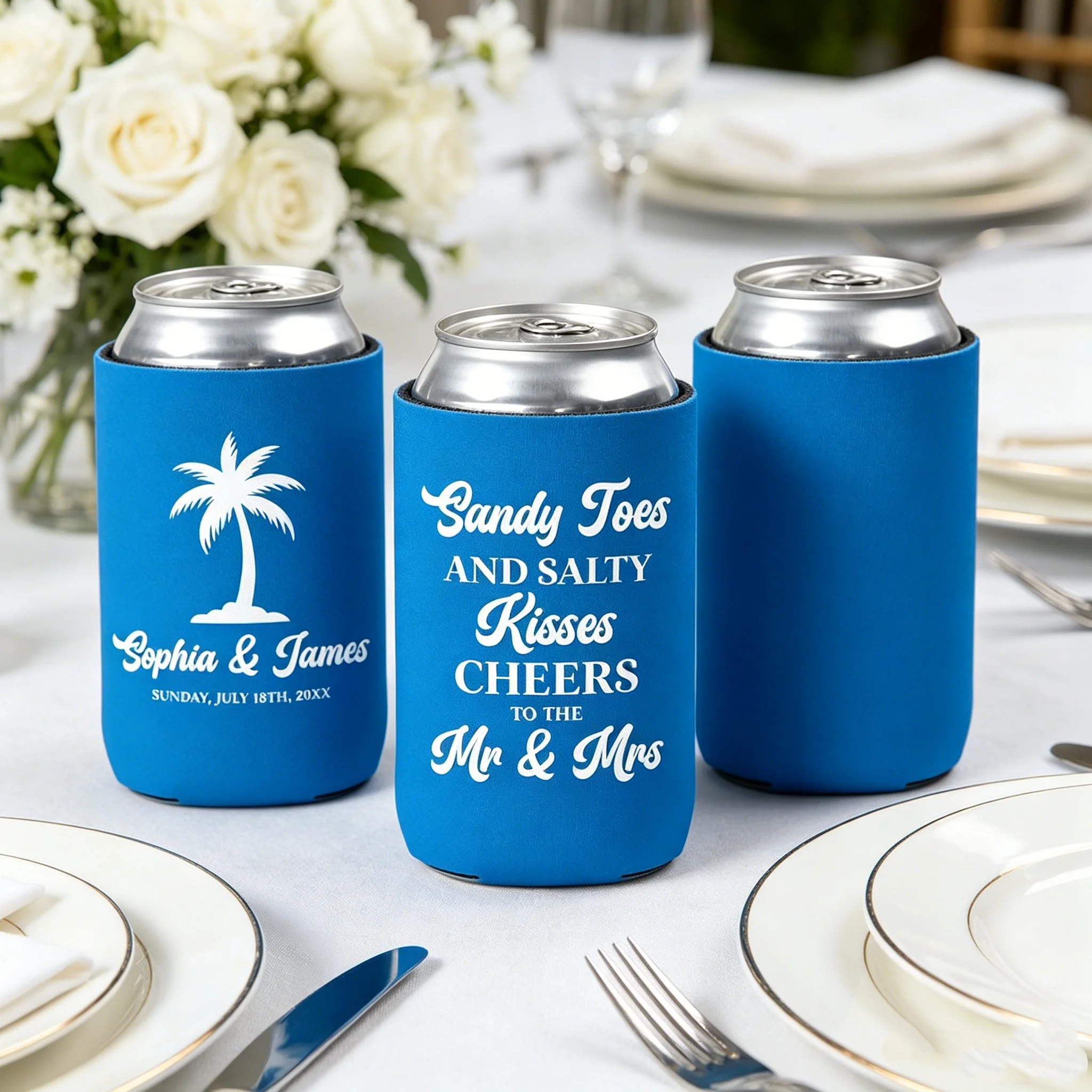 Enfriadores de latas personalizados para boda con diseño de pies ensangrentados y besos salados, para bar de recepción, recuerdos, hora del cóctel, palmeras y costa oceánica