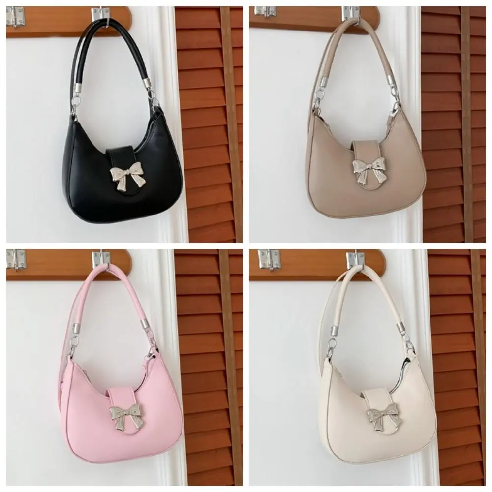 Y2k Style Bowknot Crossbody Bag PU Leather Underarm Bag Dumpling Shoulder Bag Bow Large Capacity Half-moon Handbag Streetwear