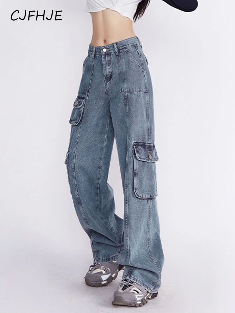 

CJFHJE Y2K Women Jean Washed Fashion Cargo Denim Pants Retro High Street Couple Harajuku Simple Baggy Casual Wide Leg Trousers