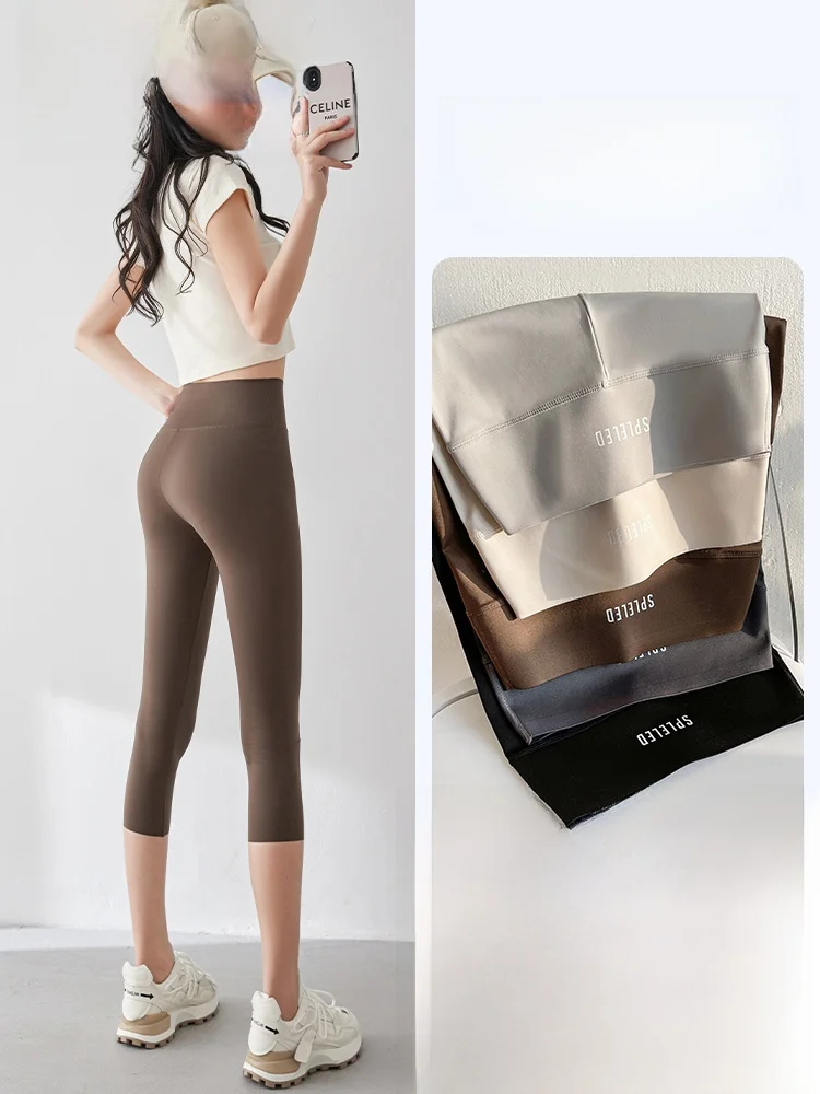 

Тонкие брюки для йоги с высокой талией, женские летние спортивные облегающие брюки для велоспорта, базовый слой, брюки семи-пять длины