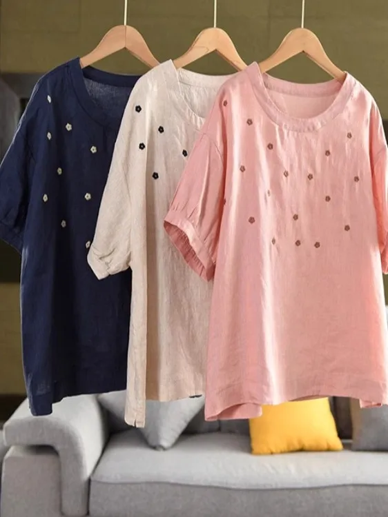 Retro Cotton Linen Embroidered irt Women's round Ne ort Sve Overhead Artistic High-End Feelings Summer New Arrival