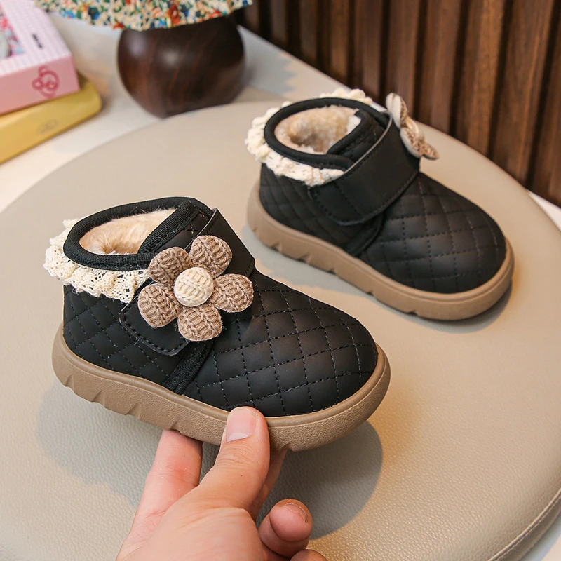 2025 Girls Winter Thickened Fleece Lined Snow Boots Warm Cute Cartoon Cotton Shoes Flat Heel Booties for Kids Ages 2-5 Years Old