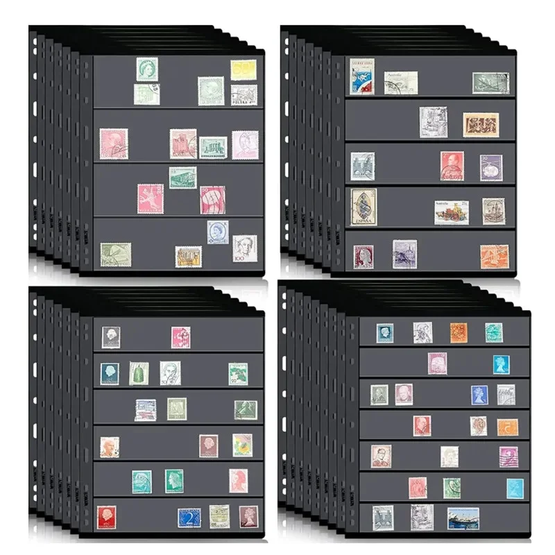 Double‑Sided Stamp Refill Pages,2‑Each 4/5/6/7‑Row,8 Sheets Total,9‑Hole Acid‑Free Album Inserts for Stamps Banknotes Postcards