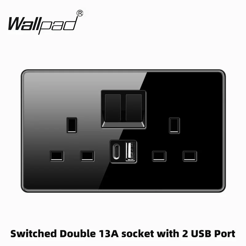 Wallpad 블랙 글래스 더블 스위치 UK 벽 플러그 소켓, 146*86mm, 3*6, 13A 3 핀, 2USB C타입, 20A, 45A 퓨즈 스위치, 위성 RJ45 