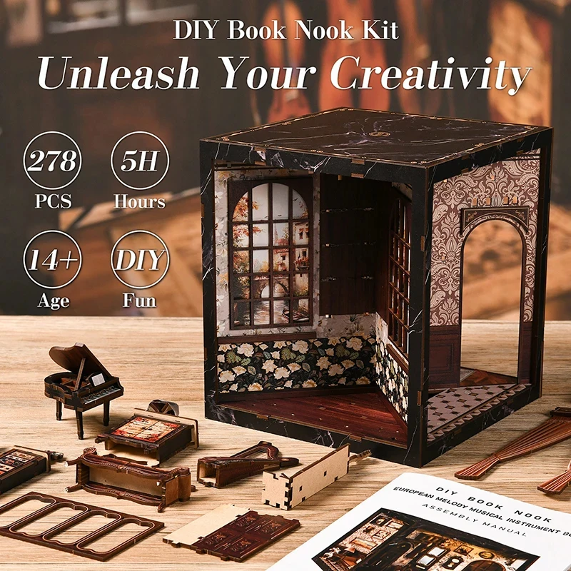 

Набор для сборки миниатюрной деревянной музыкальной шкатулки-книжной полки OUZEY (Европейский стиль), модель-конструктор, четырехсторонний держатель для книг, подарок друзьям на день рождения