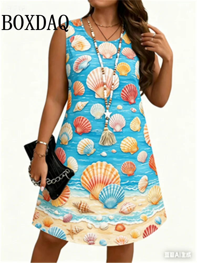 Sea Shells Dress Women Fashion Bohemia Sleeveless Dresses Party Summer Beach Holidays Dress Midi Casual Sundress Loose Plus Size