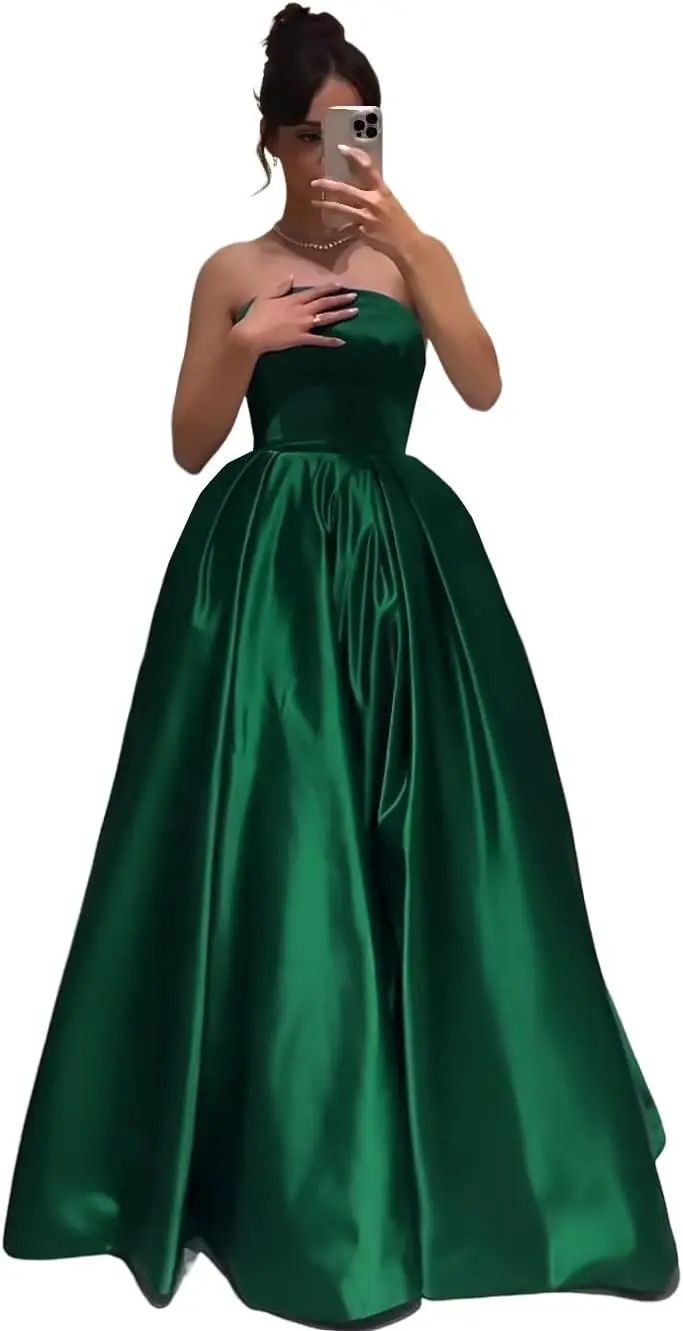 

Satin Strapless Ball Gown,Formal Evening Gown with Pockets,Strapless Elegant and Sexy Wedding Dress, Women's Party Evening Dress