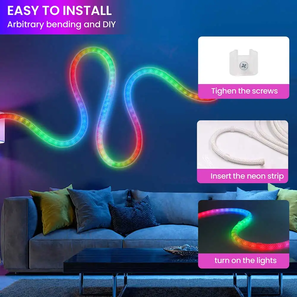 Round Reticulate Neon LED Strip USB DC5V 360 Degree Strips Lights RGBIC Nylon Flexible Dream Colorful Rope Light For Bedroom