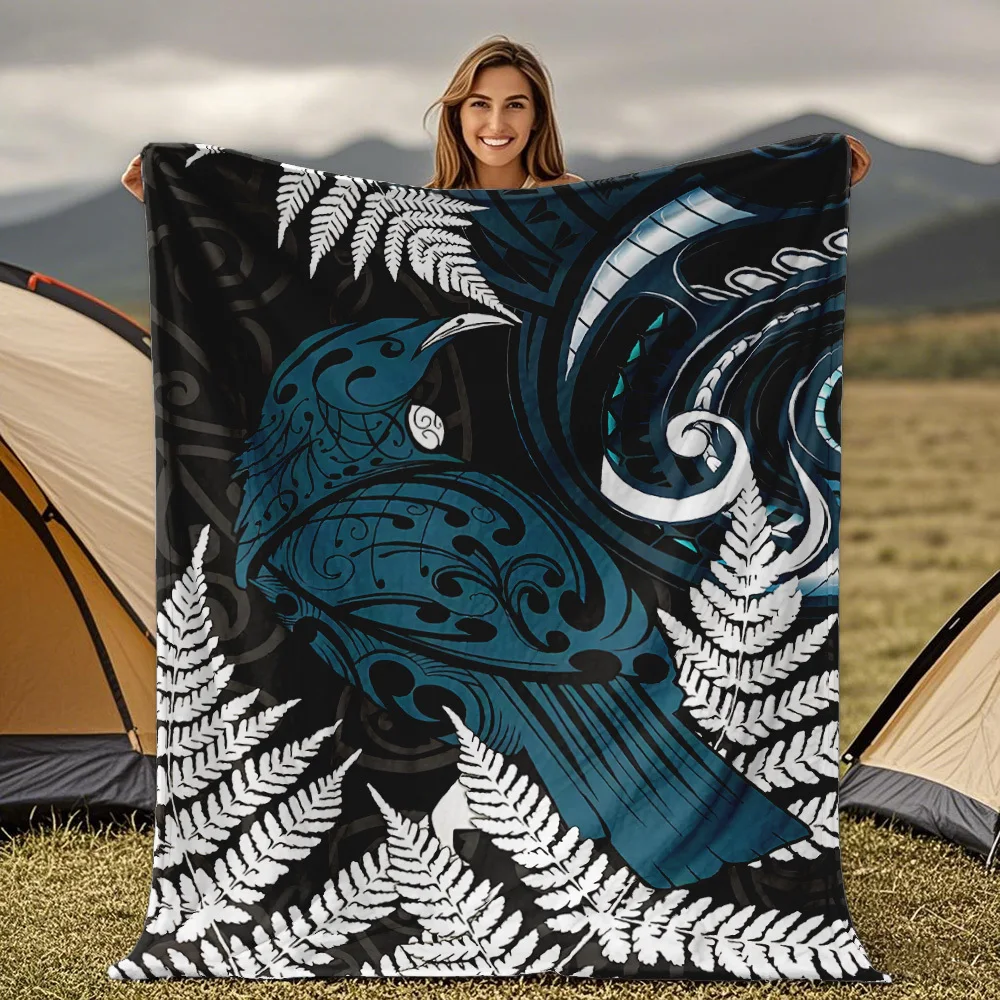 Custom Tui Bird Blanket Maori Fern Pattern Personalized Name Fleece Throw All Season Soft Warm Bedding Home Decor Gift