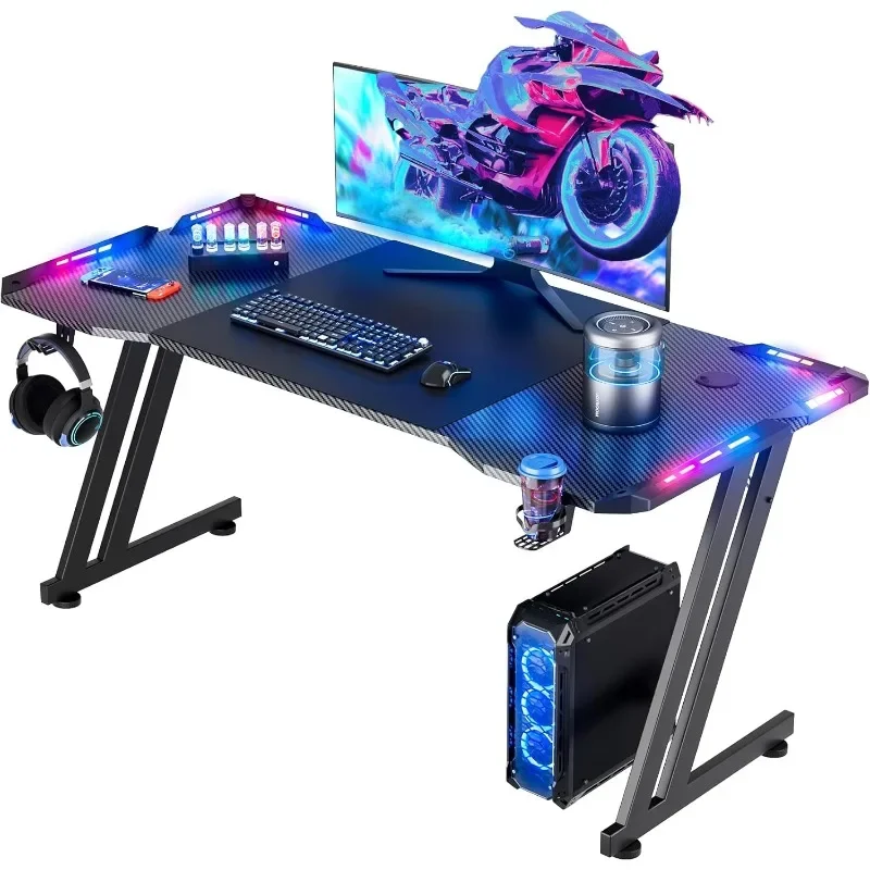 

HLDIRECT 47 Inch Carbon Fibre Surface Gaming Desk Ergonomic Office Computer Table with LED Lights Cup Holder & Headphone Hook