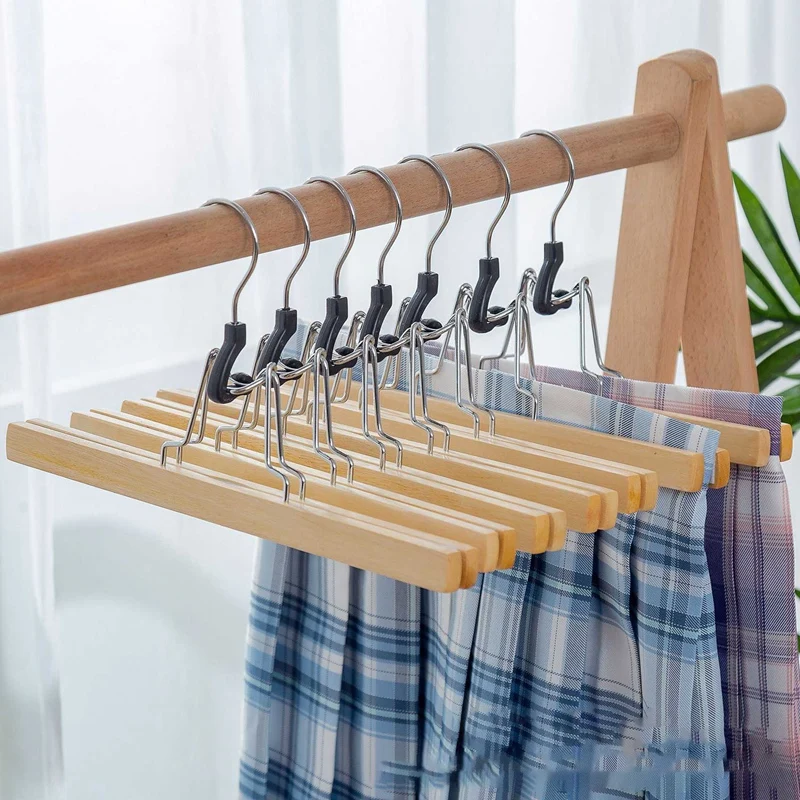 10 Pcs Grade Wooden Pants Hanger With Clips Non Slip Skirt Hanger With 360° Swivel Hook