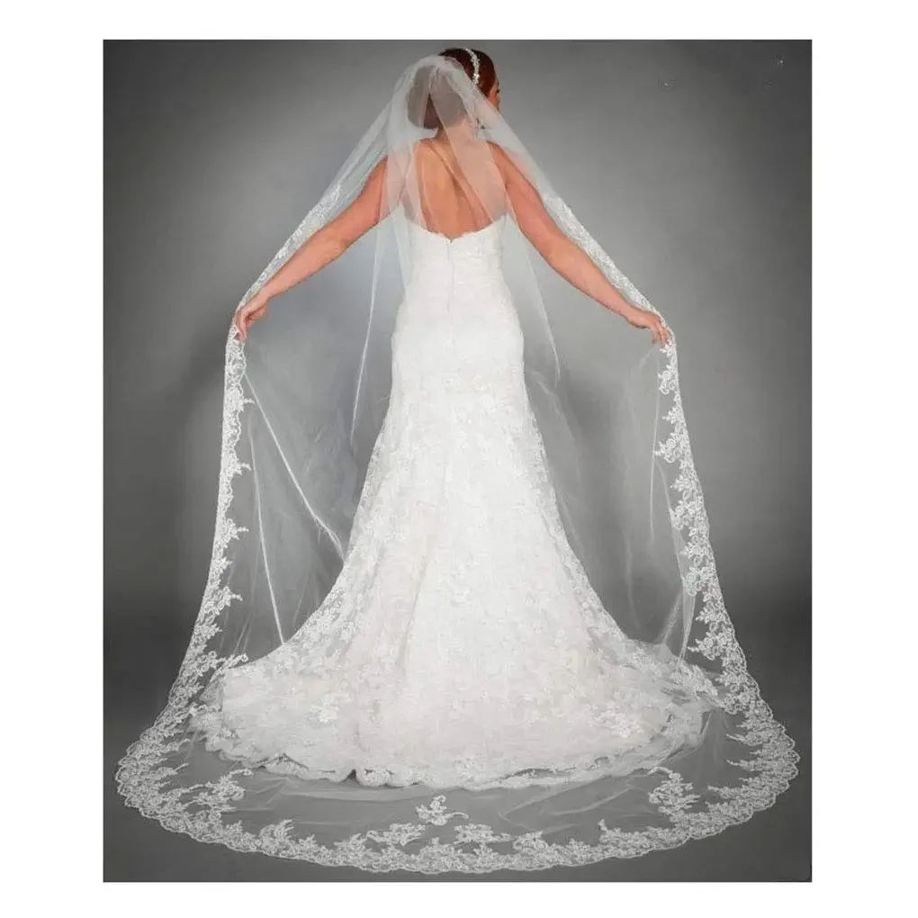 

Women's Applique Bride Wedding Veil Long Chapel Length 1 Tier Bridal Veil Soft Tulle Hair Accessories 2023