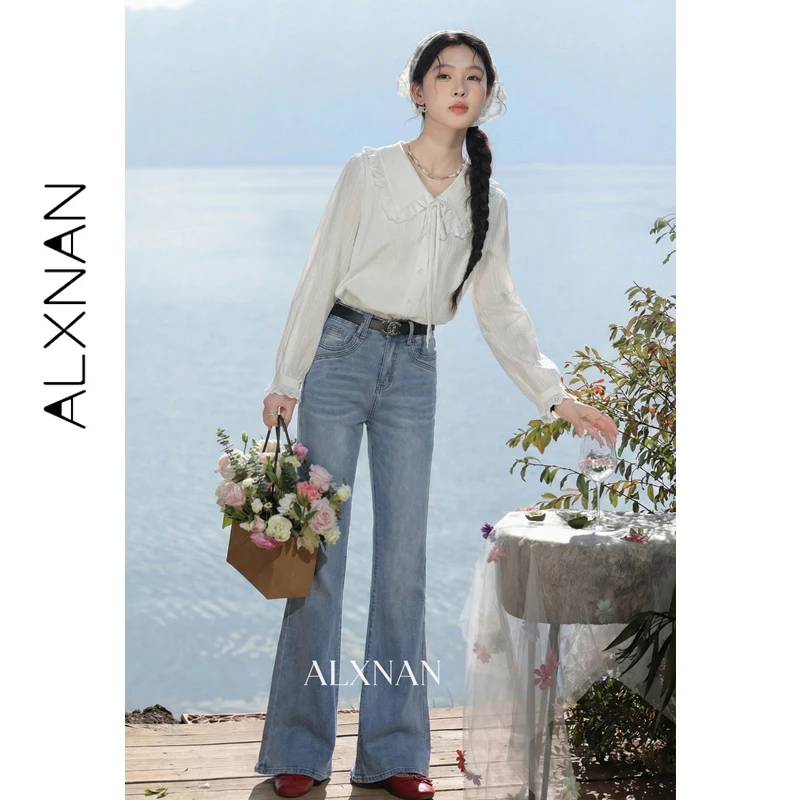 

ALXNAN Vintage Flared Jeans Women Blue High Waist Denim Pants 2026 Spring Casual Retro Wide Leg Trousers Fashion Jeans L61375A