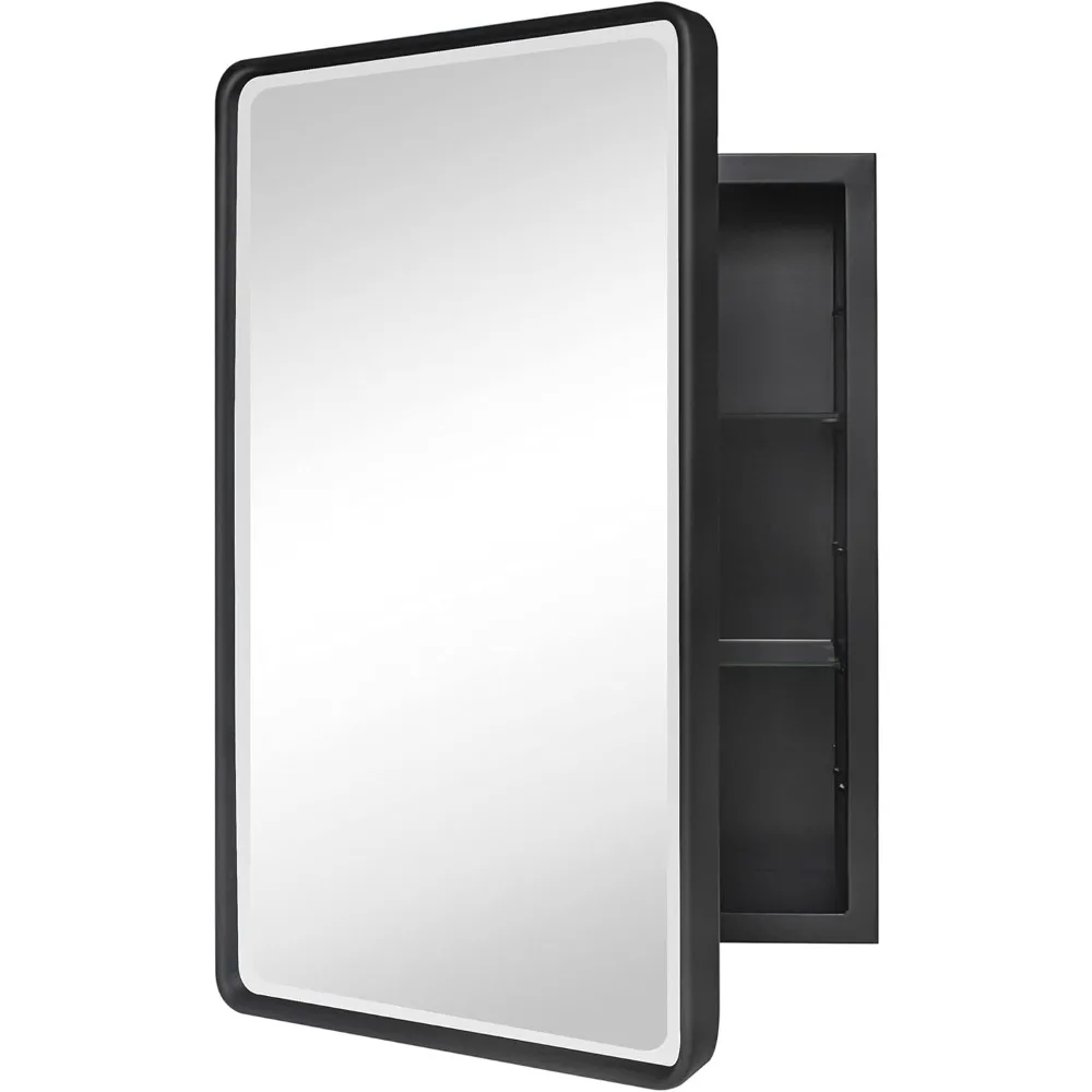 

Farmhouse Black Metal Framed Recessed Bathroom Medicine Cabinet with Beveled Mirror Rounded Rectangle Bathroom Medicine Cabinet