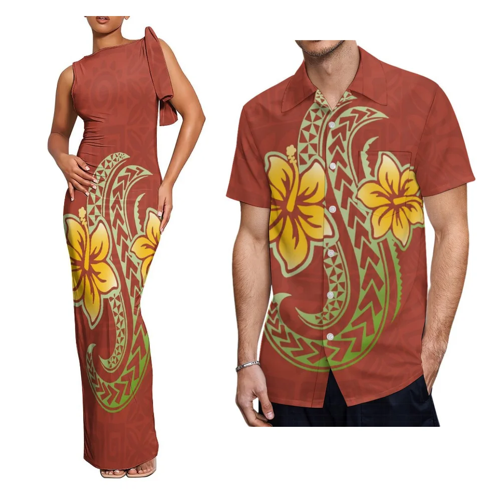 Conjunto de casal de moda personalizado ilhas do pacífico vestido feminino vintage plus size vestido e camisa masculina samoa tonga fiji roupas