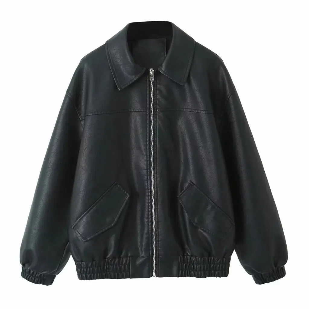Jaqueta de couro grande feminina outono retro estilo americano high-end rua-frito estilo hong kong couro do plutônio bonito outerwear