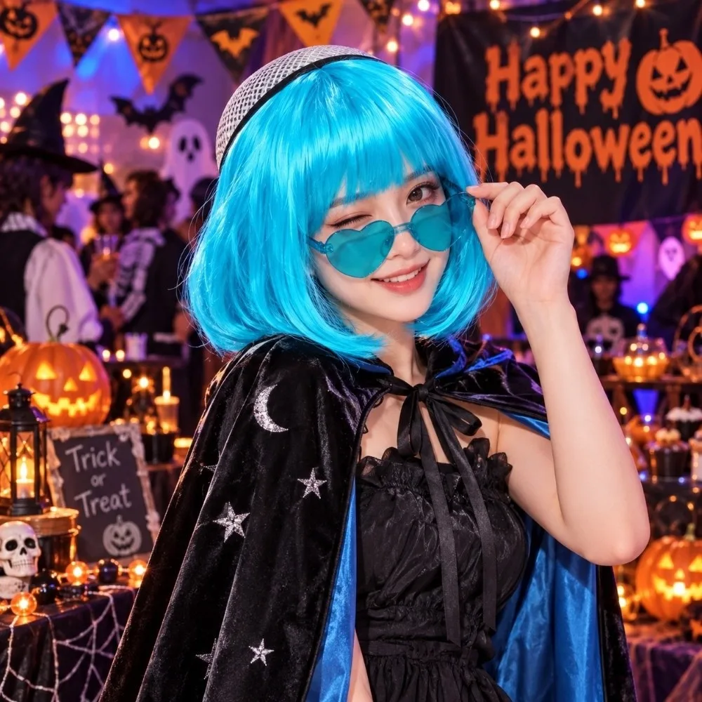 3Pcs Colorful Short Bob Hair Wig Christmas Party Role-playing Short Hair Wig with Hairnet and Glasses Halloween Short Bangs