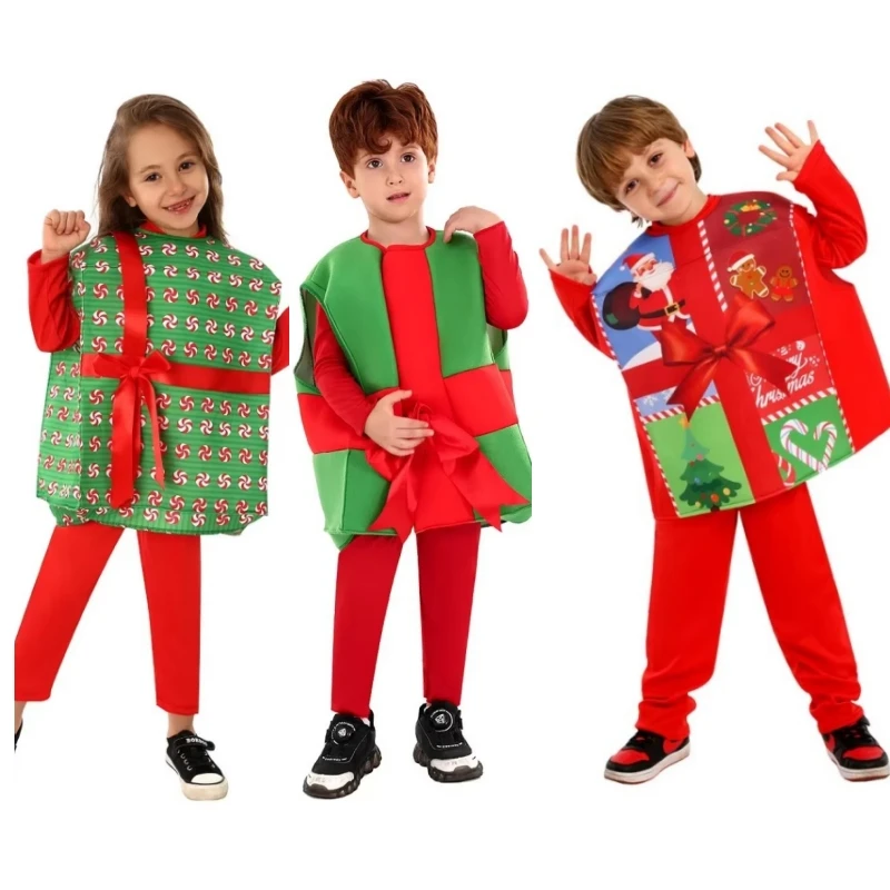 DIY Christmas Kit Costume Santa Claus Gift Box Cosplay Funny Xmas Dress Up Party Holiday Performance Costumes Jumpsuit