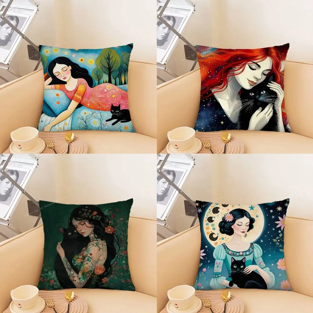 Abstract Woman Bird Cat Flower Fish Couple Pillow Case Fashion Square Pillowcase Bedroom Sofa Room Ins Decoration Leisure