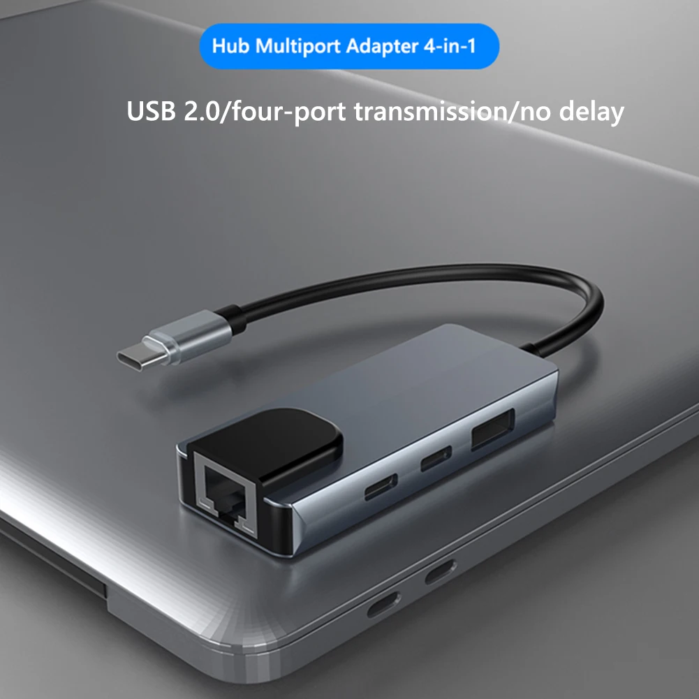 4 in 1 USB Type C To RJ45 Lan Network Card with 2* USB-C 1*USB-A 2.0 1*RJ45 100Mbps USB C To Ethernet Adapter for Laptop
