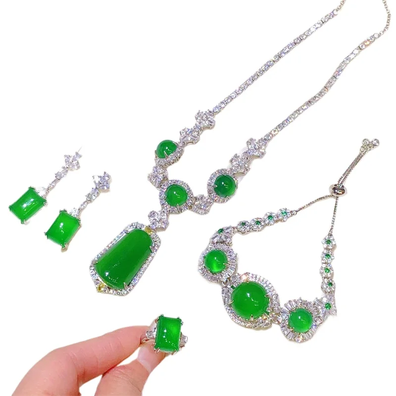 

Natural high ice emperor green no matter square brand jade set, luxury inlaid four-piece set