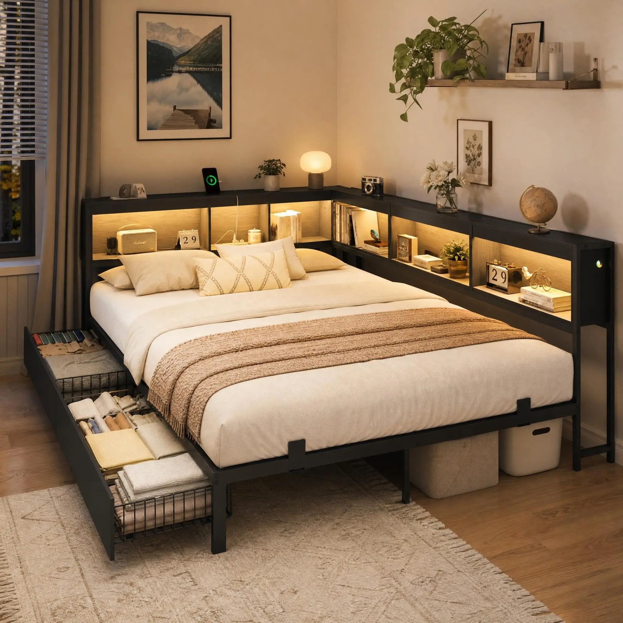 Corner Daybed Frame with 2 Storage Drawers, Bookcase Headboard w/Charging Station (2 AC, USB-C), RGB LED Lights