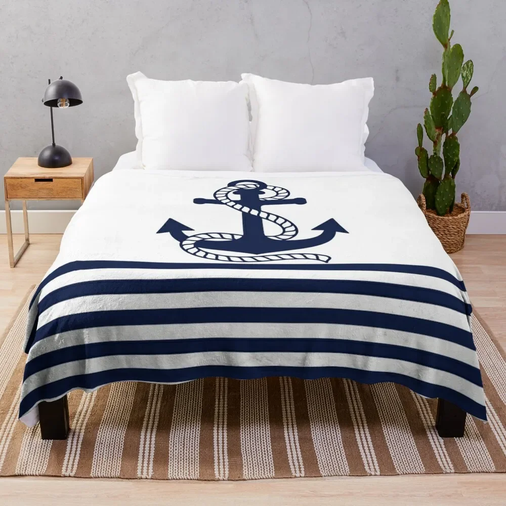 

Nautical Navy Blue Stripes and Blue Anchor Throw Blanket Warm Plush Fuzzy Blanket for Living Room