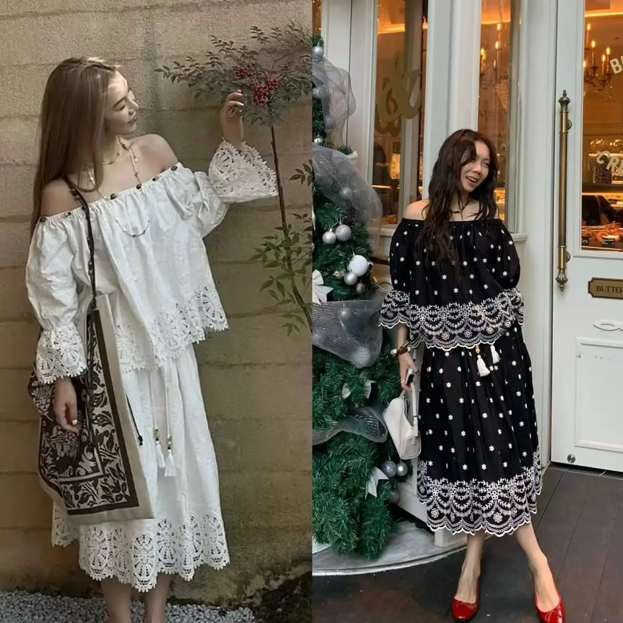 

Spring Summer New Heavy Embroidery Lace Hollow out Floral One oulder Top High Waist Dstring f Skirt Set High Waist Fl...