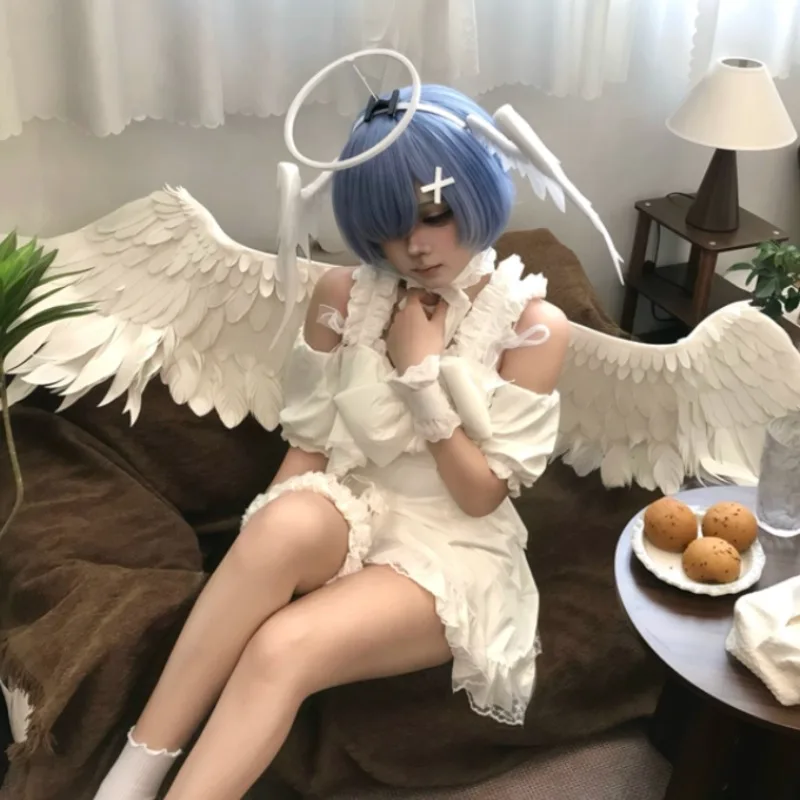 Ram Rem ReZero 코스프레 의상 흰색 잠옷 스위트 엔젤 파자마 레이스 트림 프릴 밑단 여성용 컨벤션