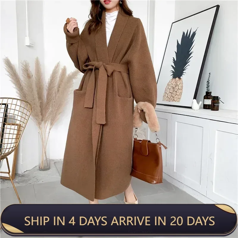 Stylish Long T Shirt Dress With Belt Thick Woolen Cardigan Coat For Women