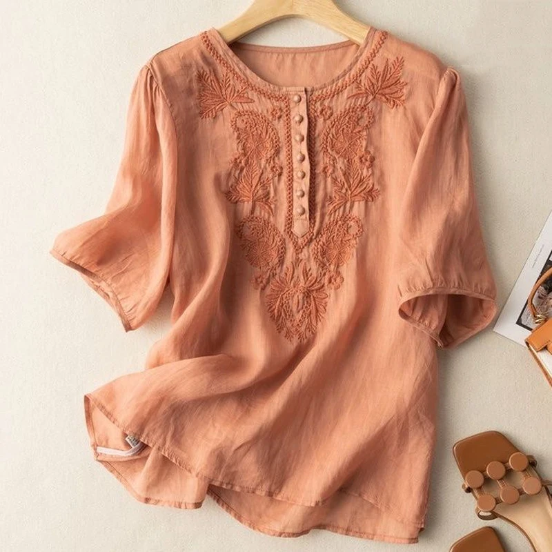 Women Retro Embroidery Chic Loose Solid Shirts Summer Casual Round Neck Short Sleeve Cotton Linen Comfortable Blouse Top Blusas