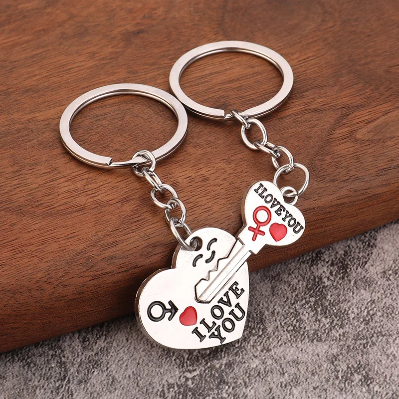 1 Pair Valentines Day Lovers Keychain Heart Shaped Lock and Key Anti Loss Couples Keyrings Girl Student Gift Bag Chain Pendant