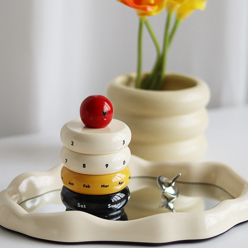 Nordic Cute Contrasting Color Calendar Resin Rotatable Desk Calendar With Weather Layer Living Room Decoration Ornament