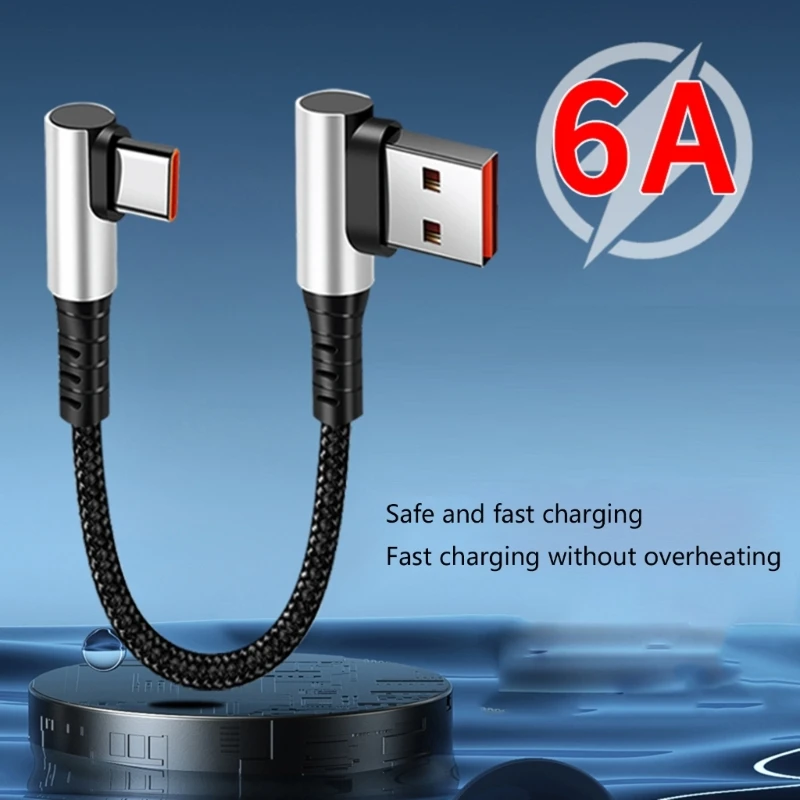 كابل بيانات شحن سريع مضفر من النايلون USB إلى النوع C 90 درجة مع نقل سريع 6A لأجهزة الألعاب