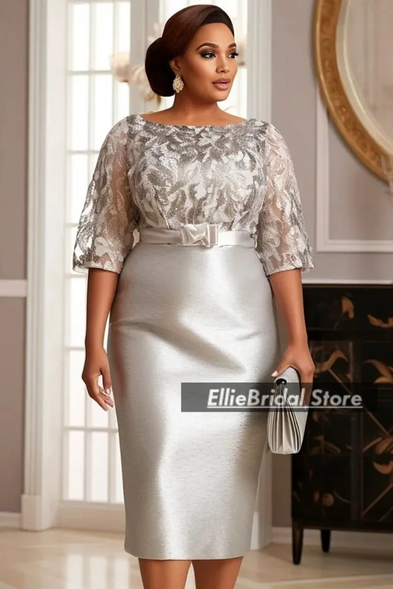 シルバーレースのウェディングパーティードレス、スクープネック、ティーレングス、ショート丈、花嫁の母のドレス、カスタムプラスサイズのイブニングガウン