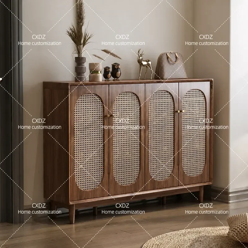 Solid Wood Rattan Shoe Cabinet Medium Size Vintage Style Household Storage Wall Mounted Integrated Large Capacity Bucket