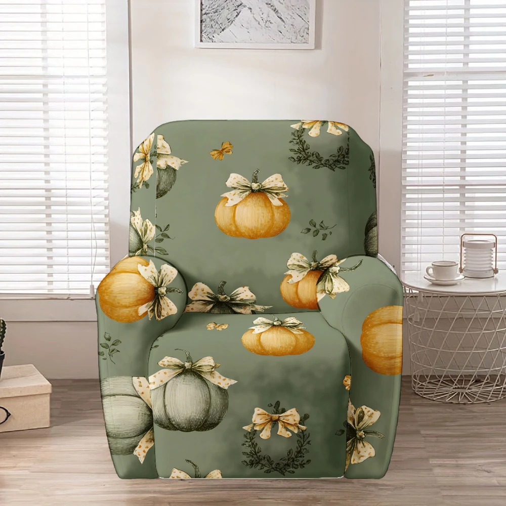 Vintage Bow Pumpkin Recliner Chair Cover Stretch Spandex Recliner Slipcover Green Background Fall Harvest Sofa Protector
