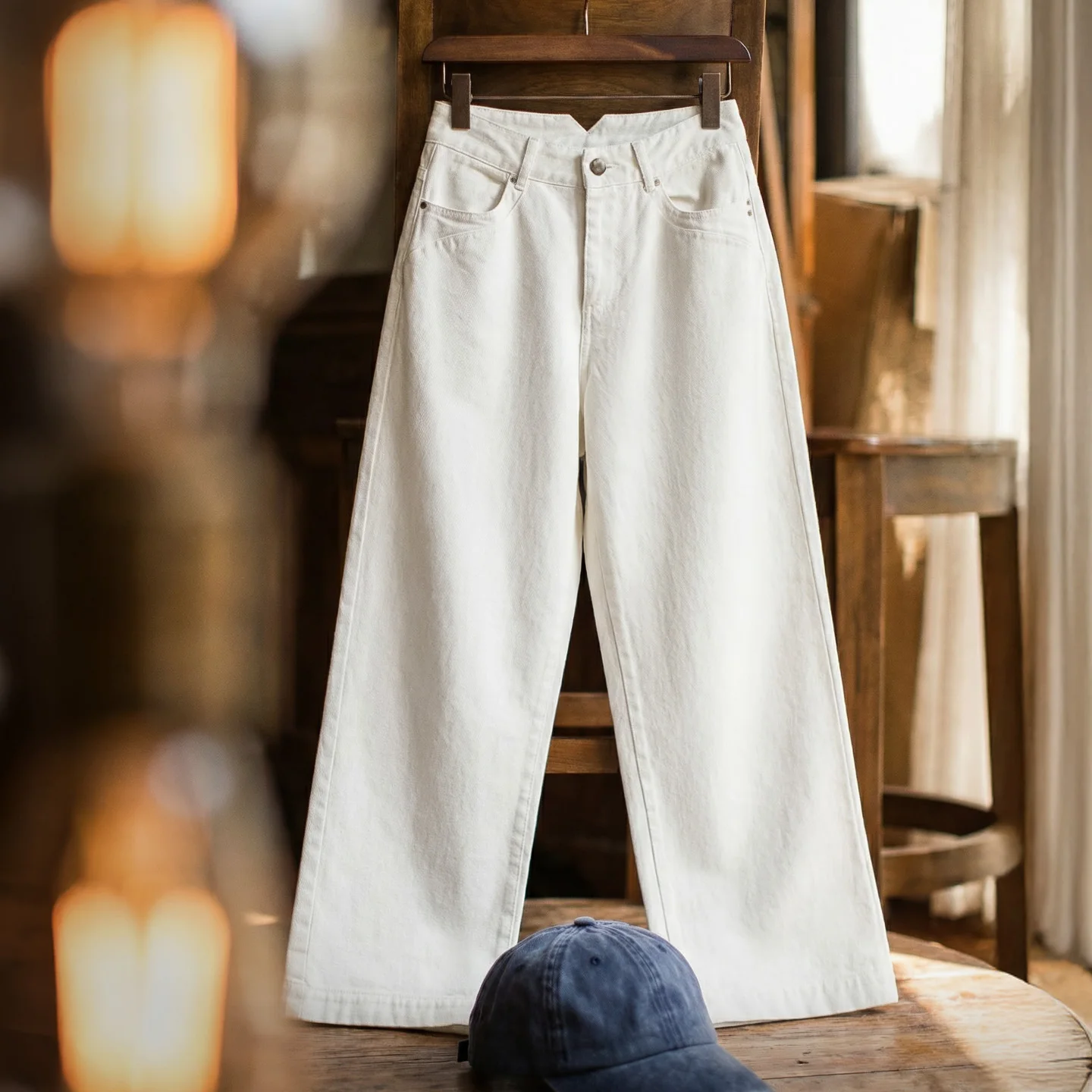 

Maden Women's Vintage High Waist Straight Leg Wide Leg Cotton Denim Jeans White Heavyweight Casual Pants For Spring Fall