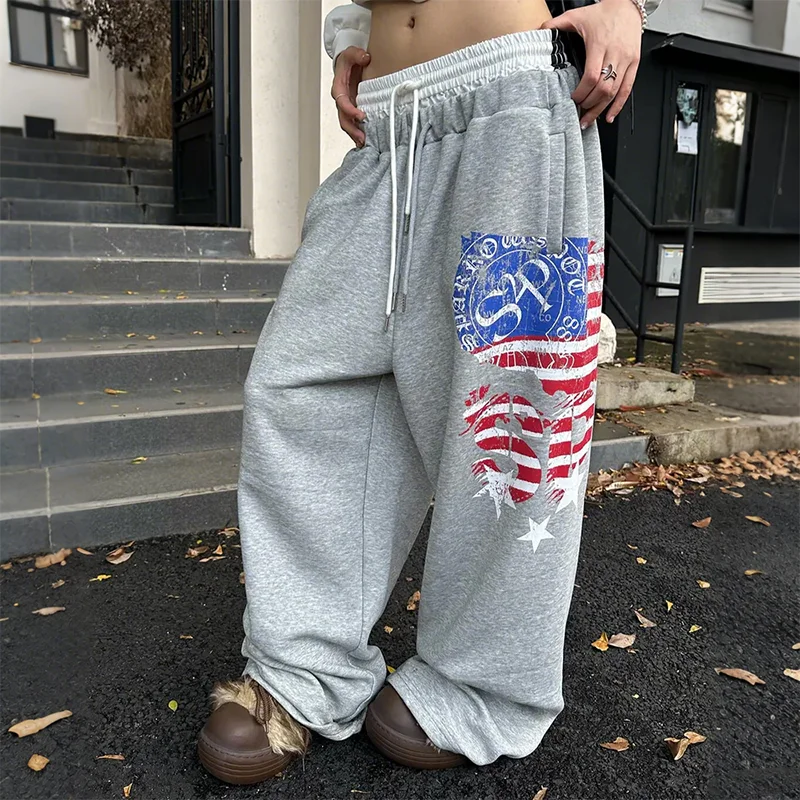 

Retro American Flag Printing High Waist Loose Drawstring Casual Pants Y2K Trend Women Fashion Comfortable Streetwear Sweatpants