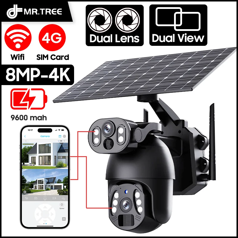 

4K 4G Wireless Solar Camera 8MP WiFi Dual Lens 10X Optical Zoom Solar Panel Humanoid Tracking PTZ Security Cam IP66 Waterproof