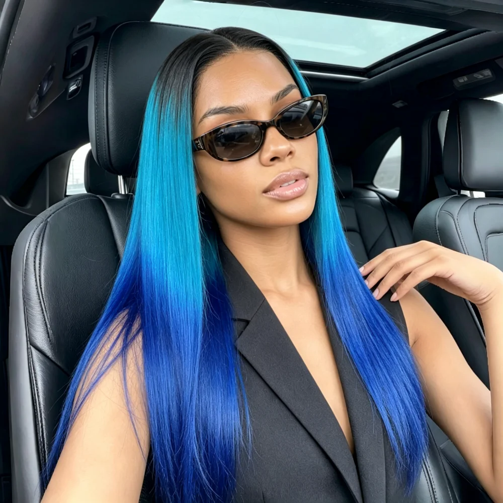 13x4 Lace Front Wig, 24 Inch Ombre Black to Bright Blue Straight Human Hair Wig, Pre Plucked Hairline for Daily Styling