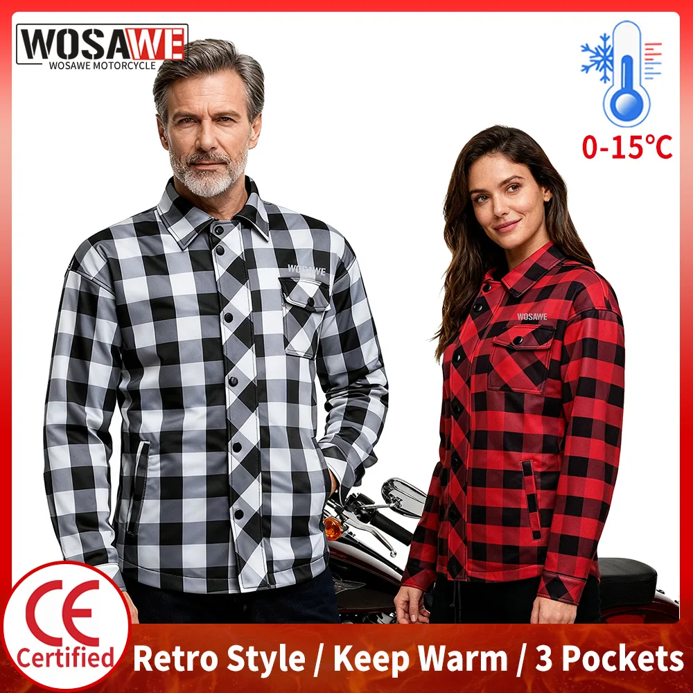 

WOSAWE Winter Motorcycle Riding Jacket Insert CE Certified Protector Men Casual Retro Motorbike Checkered Shirt Warm Plaid Coats