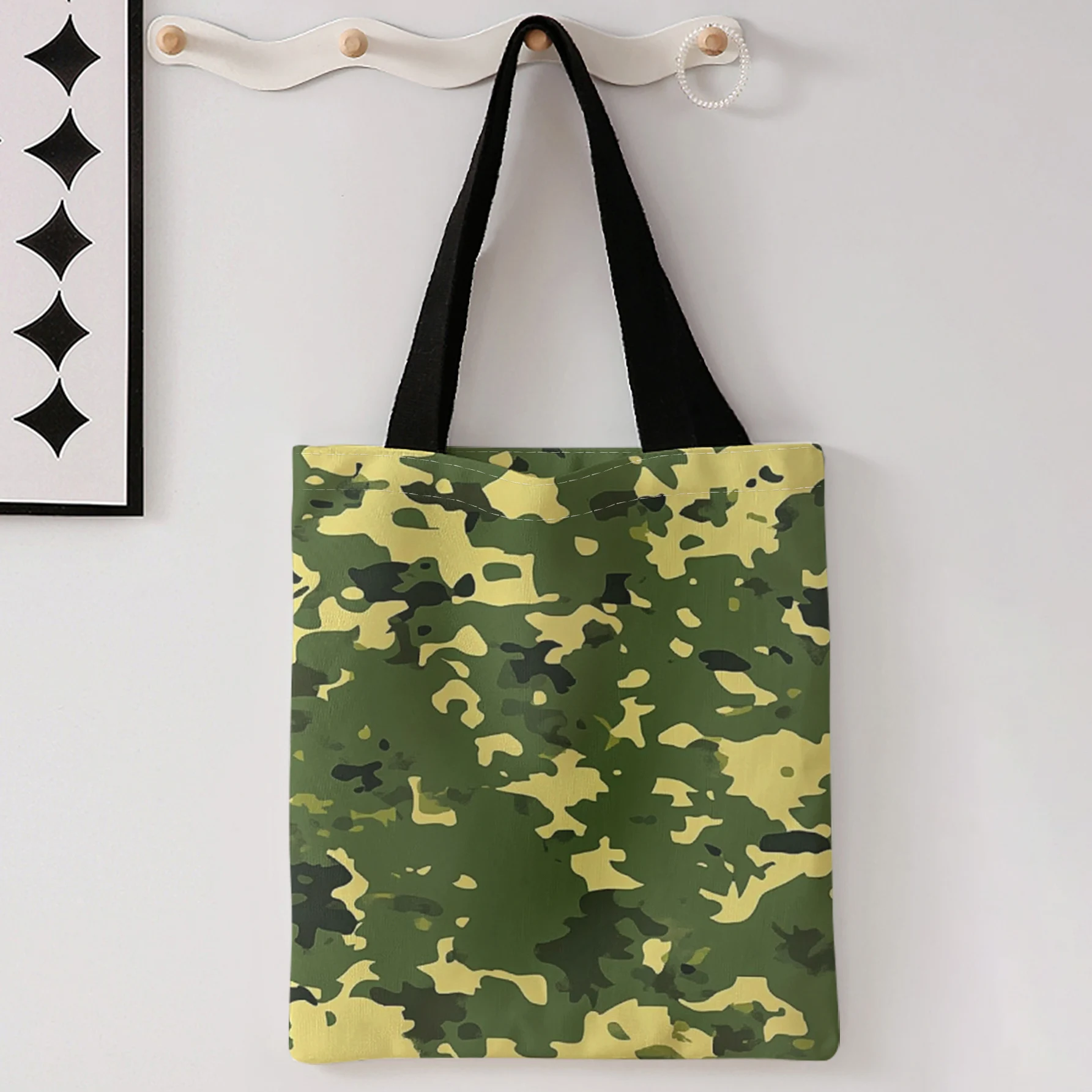 Green Camouflage All Over Print Tote Bag With Black Handle Large Shoulder Handbag For Shopping Daily Commute