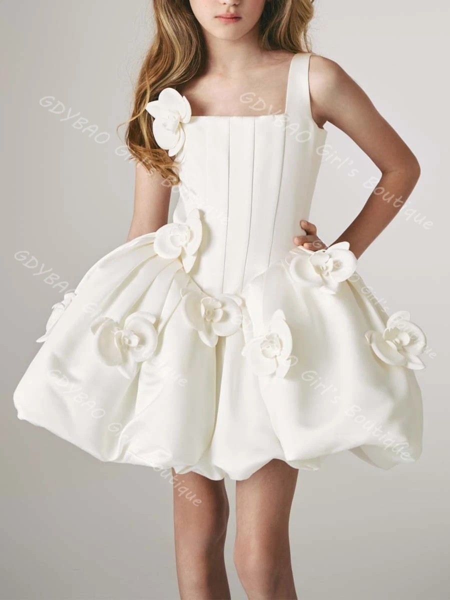 Vestido de niña de flores de color marfil para boda, Mini tutú esponjoso con flores en 3D, vestido de desfile de princesa con tirantes finos, vestido de fiesta personalizado para niños