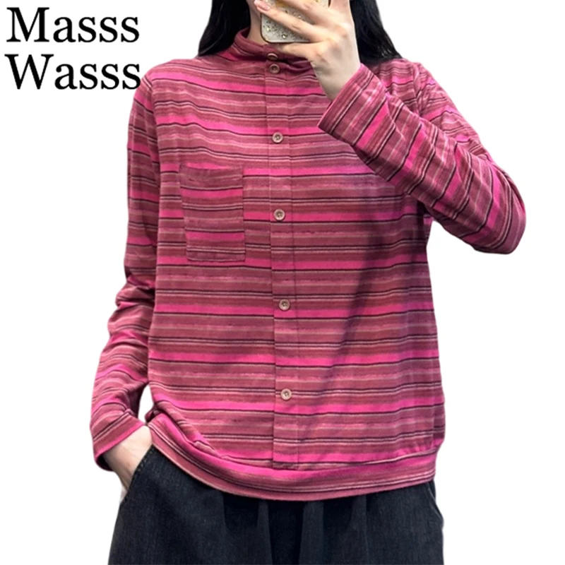 

Masss Wasss Fall Fashion Japanese Tops Females Leisure Striped Classic T-shirts Ladies Loose Streetwear Punk Luxury Cotton Tops