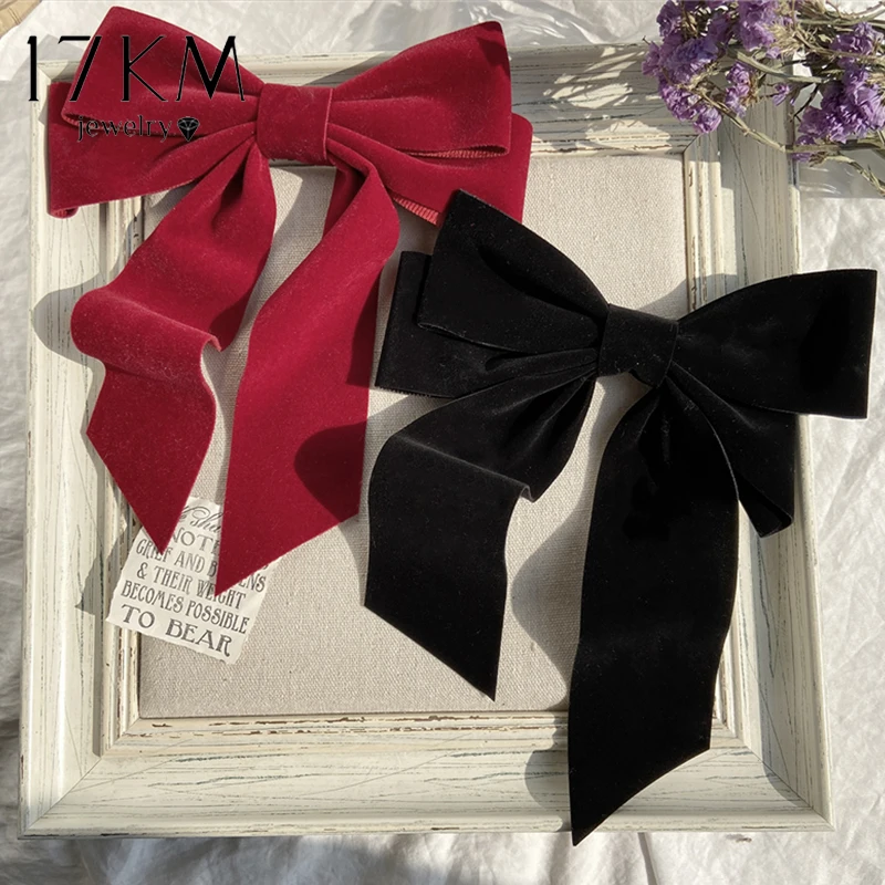 17KM Vintage Black Big Large Velvet Bow Hair Clip For Women Girls Wedding Long Ribbon Korean Hairpins Barrette Hair Accessories